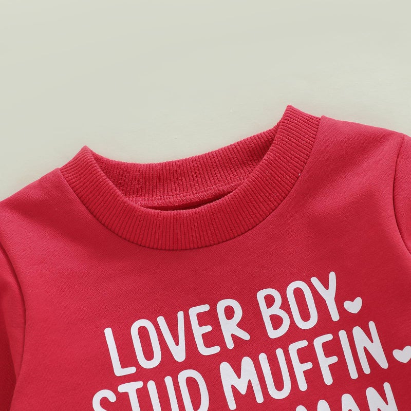 Fernvia Toddler Baby Boy Valentines Day Outfit Letter Print Long Sleeve Crewneck Sweatshirt + Joggers Pants Sets (A Lover Boy Red, 12-18 Months) - Image 4
