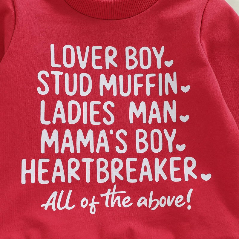 Fernvia Toddler Baby Boy Valentines Day Outfit Letter Print Long Sleeve Crewneck Sweatshirt + Joggers Pants Sets (A Lover Boy Red, 12-18 Months) - Image 5
