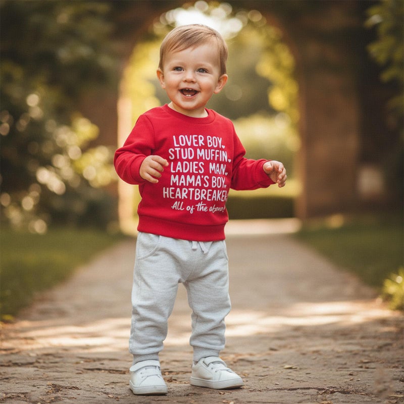 Fernvia Toddler Baby Boy Valentines Day Outfit Letter Print Long Sleeve Crewneck Sweatshirt + Joggers Pants Sets (A Lover Boy Red, 12-18 Months) - Image 2