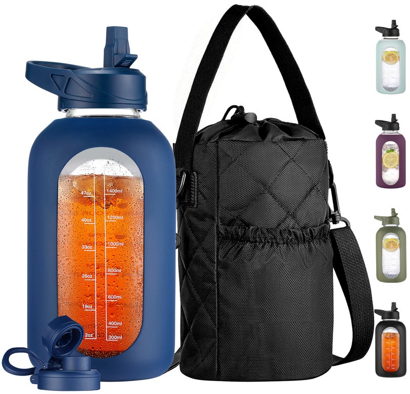 CIVAGO Half Gallon Glass Water Bottle with Straw and Insulated Bottle Holder Sling, 64 oz Motivational Water jug with Time Marker and Silicone Sleeve, Water Flask with 2 Lids, Navy - Image 1