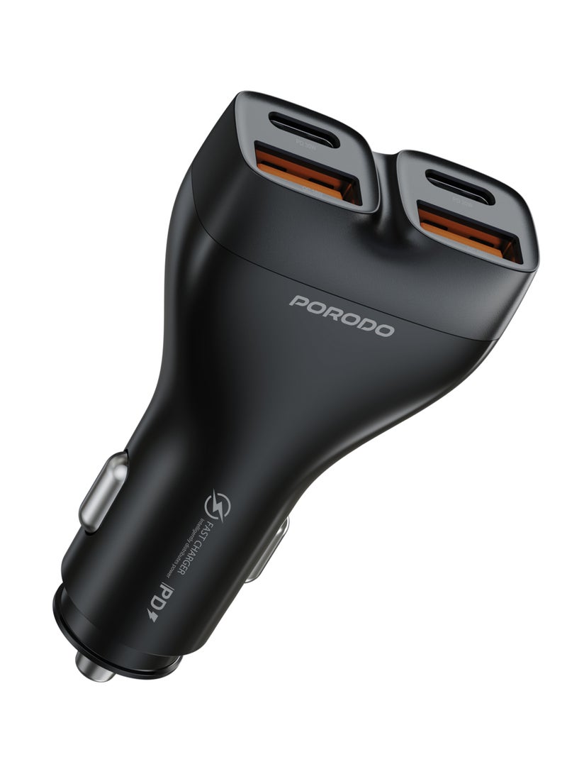 porodo DUALPOWER 102W Car Charger with USB-C to USB-C Cable/ PD 30W/ QC 18W/ x2 USB-C & x2 USB-A/ Fast Charging /102W High Power Output / Quick Charge/ Efficient Charging for Multiple Devices Car Charger - Black - Image 1