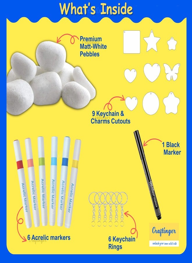 Craftinger DIY Rock Painting Kit for Kids & Adults | Pebble Stone Painting & Wooden Keychain Charm Making Kit with 6 Acrylic Markers, Black Marker, Keychain Rings & Premium White Pebbles | Art & Craft Birthday Return Gift Stone Art & Craft Activity Kit - Image 3