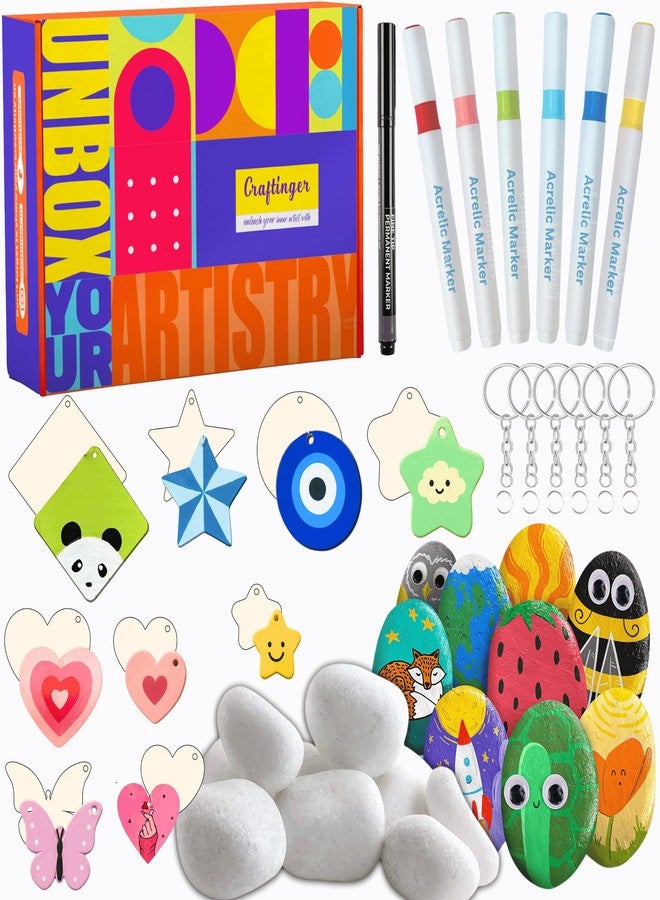 Craftinger DIY Rock Painting Kit for Kids & Adults | Pebble Stone Painting & Wooden Keychain Charm Making Kit with 6 Acrylic Markers, Black Marker, Keychain Rings & Premium White Pebbles | Art & Craft Birthday Return Gift Stone Art & Craft Activity Kit - Image 1