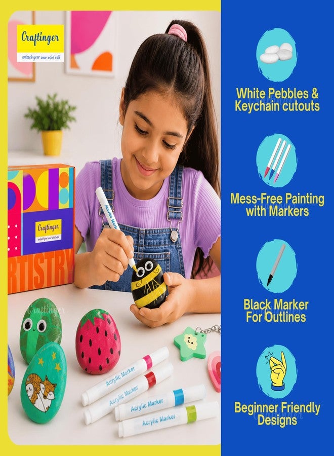 Craftinger DIY Rock Painting Kit for Kids & Adults | Pebble Stone Painting & Wooden Keychain Charm Making Kit with 6 Acrylic Markers, Black Marker, Keychain Rings & Premium White Pebbles | Art & Craft Birthday Return Gift Stone Art & Craft Activity Kit - Image 2