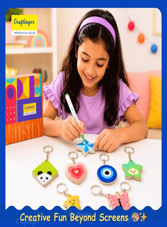 Craftinger DIY Rock Painting Kit for Kids & Adults | Pebble Stone Painting & Wooden Keychain Charm Making Kit with 6 Acrylic Markers, Black Marker, Keychain Rings & Premium White Pebbles | Art & Craft Birthday Return Gift Stone Art & Craft Activity Kit - Image 4