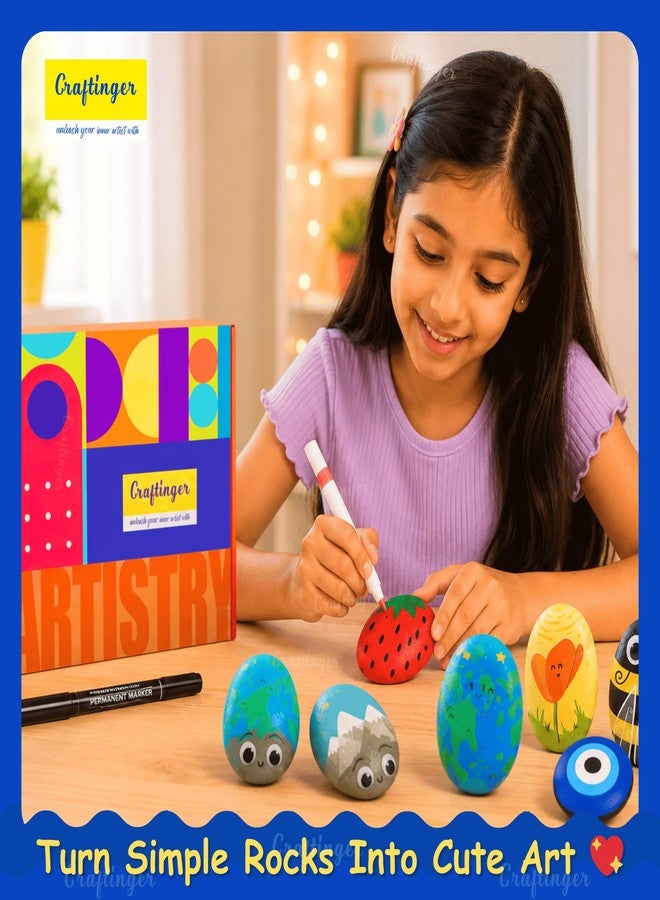 Craftinger DIY Rock Painting Kit for Kids & Adults | Pebble Stone Painting & Wooden Keychain Charm Making Kit with 6 Acrylic Markers, Black Marker, Keychain Rings & Premium White Pebbles | Art & Craft Birthday Return Gift Stone Art & Craft Activity Kit - Image 5