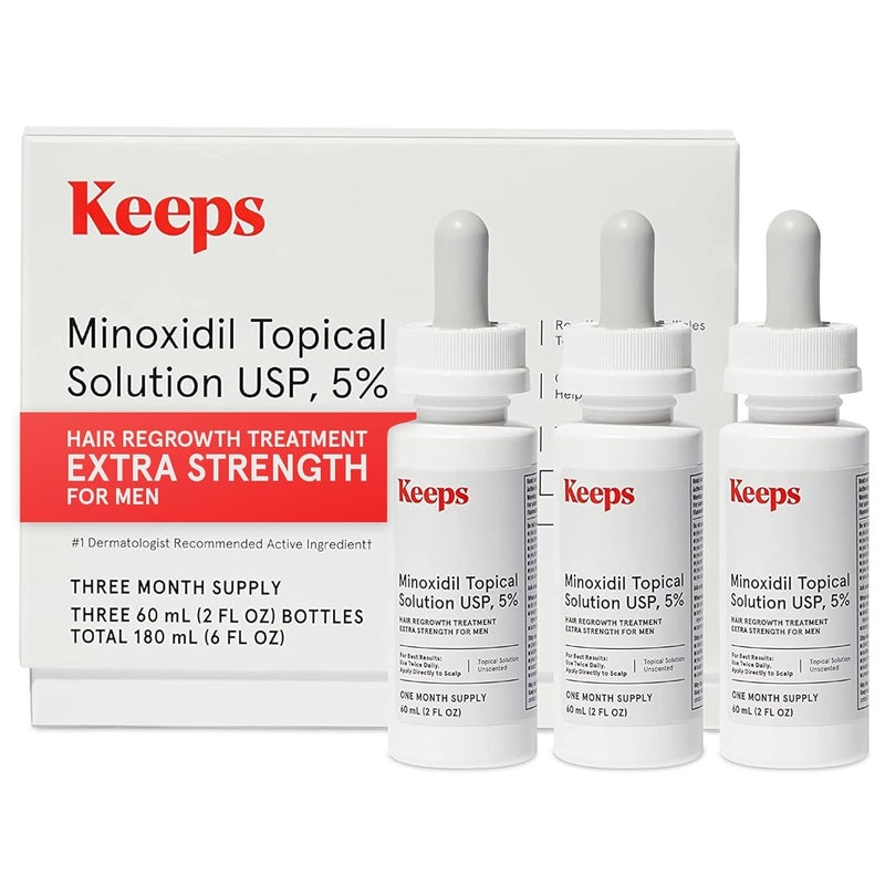 Keeps Extra Strength Minoxidil for Men Topical Hair Growth Serum 5 Solution Hair Loss Treatment  3 Month Supply 3 x 2oz Bottles with Dropper  Slows Hair Loss  Promotes Thicker Hair Regrowth