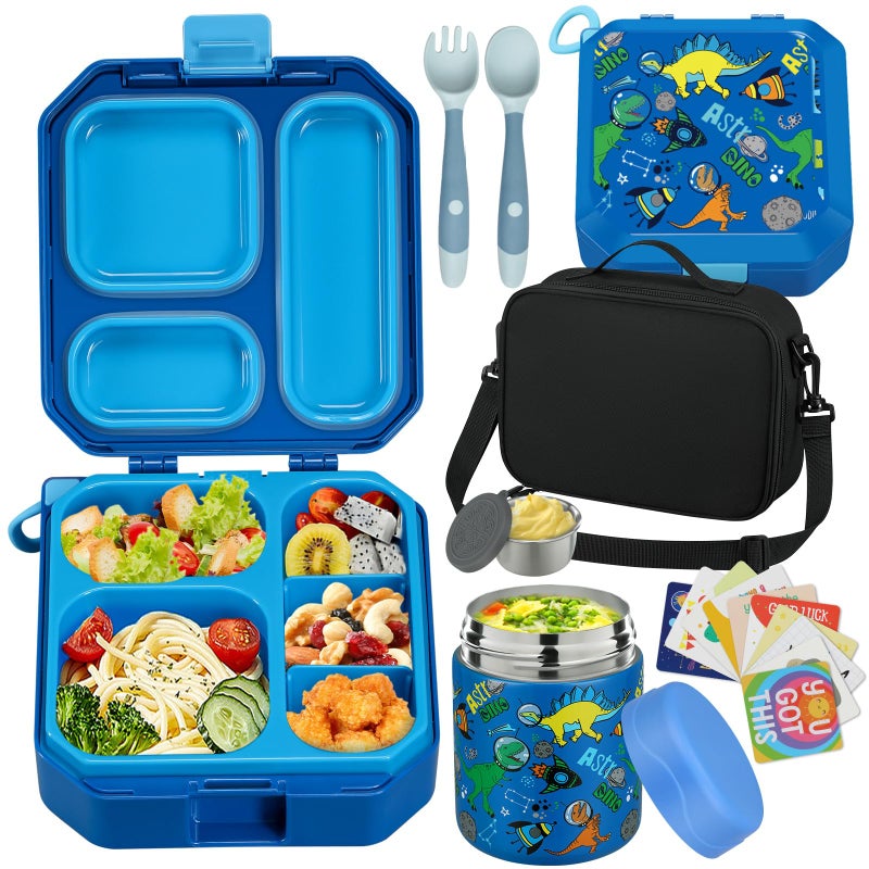 wiwens Bento Lunch Box for Kids with 12oz Soup Thermo LeakProof Lunch Food Container with 5 Compartment Thermo Hot Food Jar and Insulated Lunch Bag for Kid Toddler Girls Boys to School