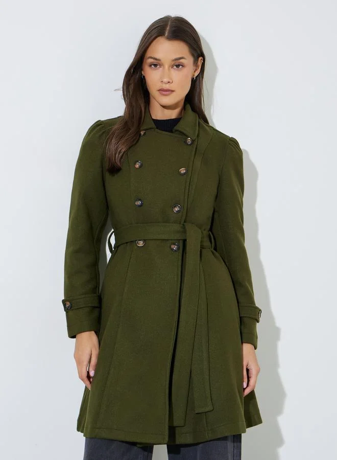 Styli Regular Fit Longline Double Breasted Belted Coat