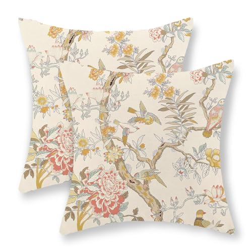 GOLIANDA Chinoiserie Pillow Covers 18x18 Set of 2 Yellow Floral Bird Throw Pillows Green Vintage Flowers Bird Decorative Pillowcase Outdoor Chinoiserie Decoration Farmhouse Cushion Case for Couch Home - Image 1
