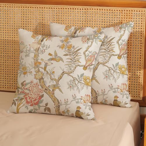 GOLIANDA Chinoiserie Pillow Covers 18x18 Set of 2 Yellow Floral Bird Throw Pillows Green Vintage Flowers Bird Decorative Pillowcase Outdoor Chinoiserie Decoration Farmhouse Cushion Case for Couch Home - Image 2