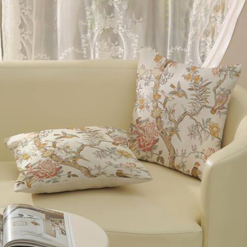 GOLIANDA Chinoiserie Pillow Covers 18x18 Set of 2 Yellow Floral Bird Throw Pillows Green Vintage Flowers Bird Decorative Pillowcase Outdoor Chinoiserie Decoration Farmhouse Cushion Case for Couch Home - Image 4