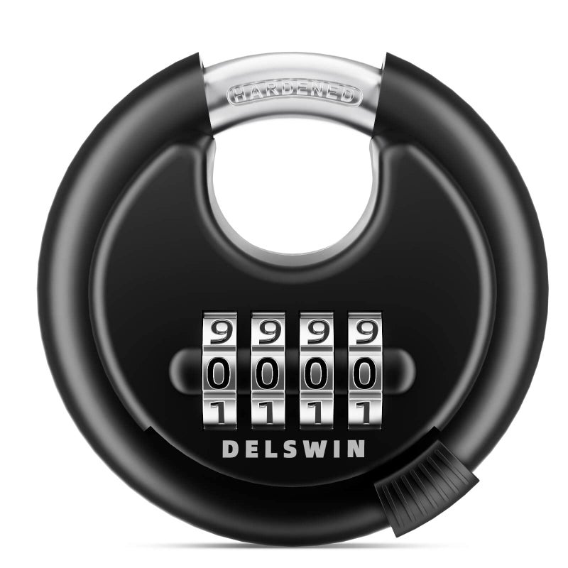 DELSWIN 4 Digit Combination Disc Padlock with Hardened Steel Shackle Combo Lock for Sheds Storage Unit School Gym Locker and Fence Black1Pcs