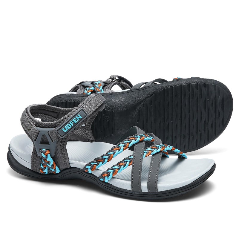UBFEN Womens Hiking Sandal Sport Sandal Straps with Adjustable Hooks Arch Support Vacation Casual Comfortable Outdoor Adventure Camping Size 8.5 Gray White - Image 1