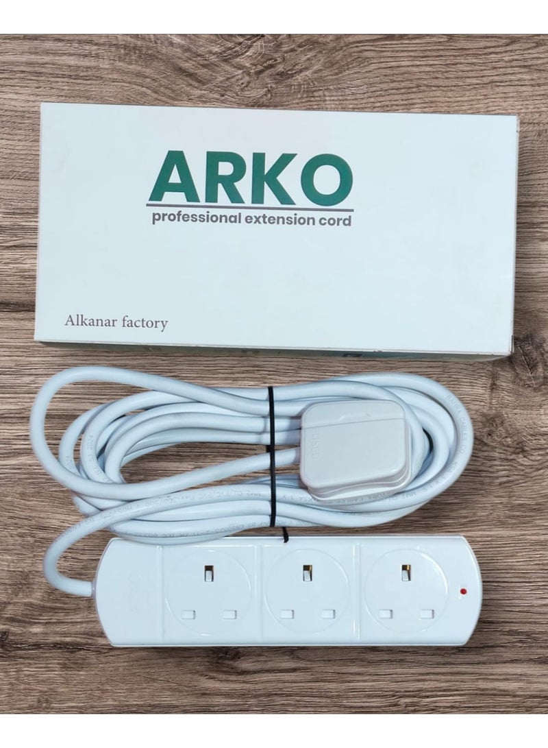 Arko 3 Socket Power Extension Board with 5 Meter Cable – Heavy Duty, Fused Plug, UK Type – White"  - Image 1