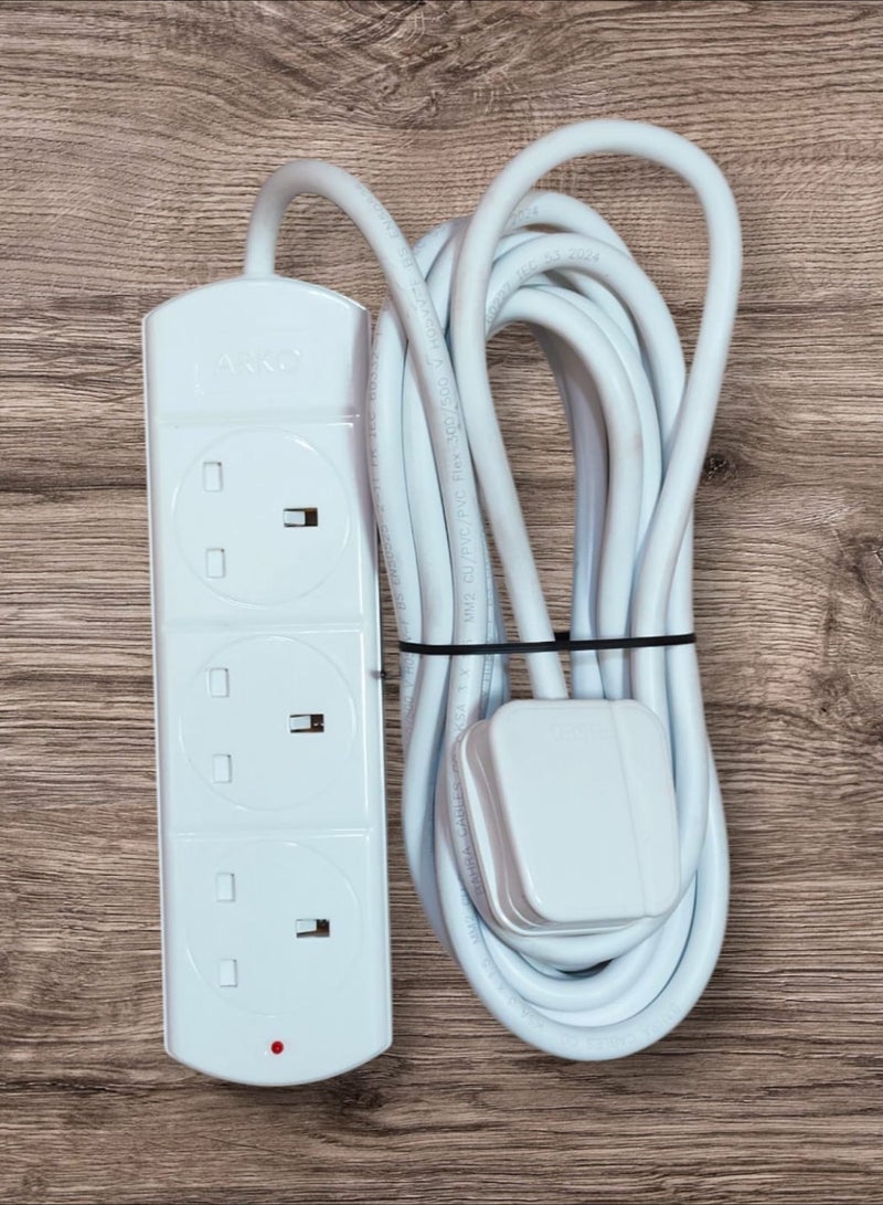 Arko 3 Socket Power Extension Board with 5 Meter Cable – Heavy Duty, Fused Plug, UK Type – White"  - Image 2