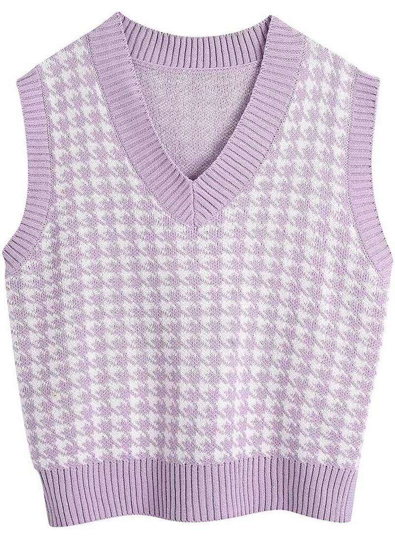 NIBEMINENT سترة نسائية فضفاضة بدون أكمام على شكل V بنمط مربعات عتيق محبوك أزياء كورية - Image 1