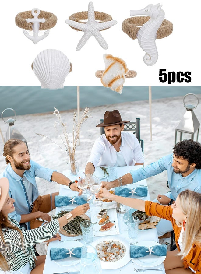 KANGLI Coastal Starfish Napkin Rings - Set of 5 White Starfish Seahorse Shell Anchor Napkin Rings Bulk for Crafts, Beach, Dinner Party, Wedding, Theme Party, Banquet, Nautical, Coastal Table Decor - Image 1