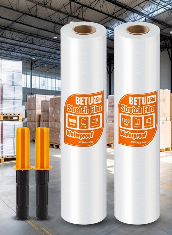 BETU غلاف بلاستيكي مطاطي قابل للانكماش لمستلزمات النقل (15 بوصة، عبوتان) × 1000 قدم، لفة بلاستيكية مطاطية صناعية قوية لتغليف المنصات وصناديق الشحن والنقل وتخزين الأثاث بمقابض، شفاف - Image 1