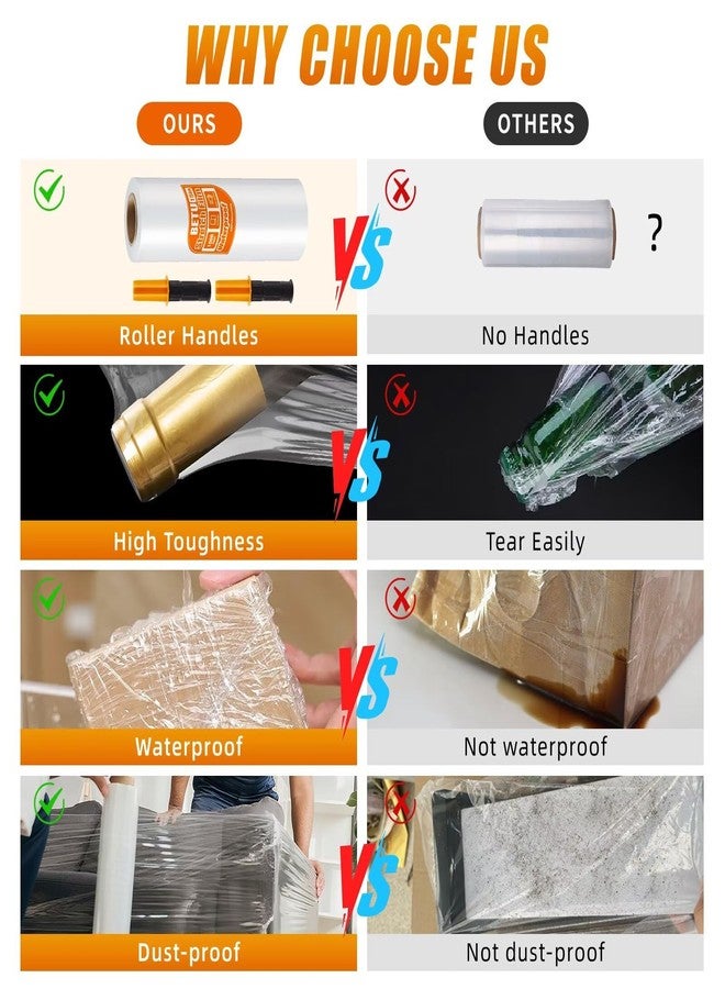 BETU غلاف بلاستيكي مطاطي قابل للانكماش لمستلزمات النقل (15 بوصة، عبوتان) × 1000 قدم، لفة بلاستيكية مطاطية صناعية قوية لتغليف المنصات وصناديق الشحن والنقل وتخزين الأثاث بمقابض، شفاف - Image 5