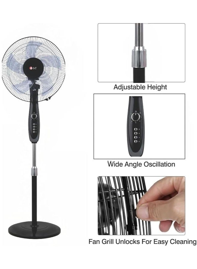 LC Pedestal Stand Fan, 5 Blades, Oscillation, Adjustable In Height, 3 Speed, with Remote Control, Black, Energy-Saving - Image 2