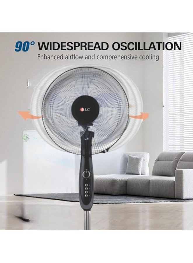 LC Pedestal Stand Fan, 5 Blades, Oscillation, Adjustable In Height, 3 Speed, with Remote Control, Black, Energy-Saving - Image 3