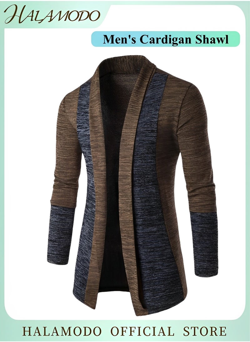 HALAMODO - Men's Shawl Casual Regular Fit Cardigan Shawl Collar Long Line with No Button Long Cardigan Knit Ruffle Fashion Sweater Drape Cape Collar Open Front Long Cardigan Ribbed Knit - Image 1