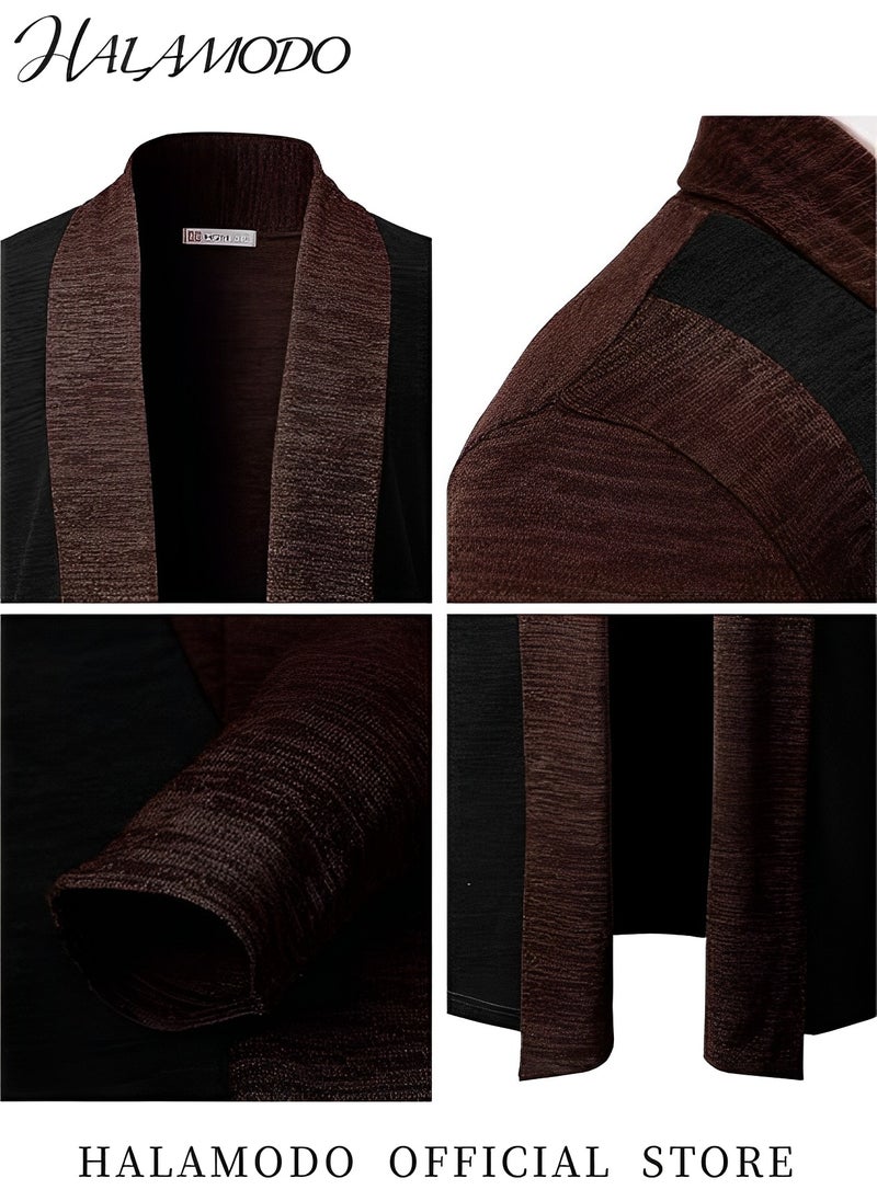 HALAMODO - Men's Shawl Casual Regular Fit Cardigan Shawl Collar Long Line with No Button Long Cardigan Knit Ruffle Fashion Sweater Drape Cape Collar Open Front Long Cardigan Ribbed Knit - Image 1