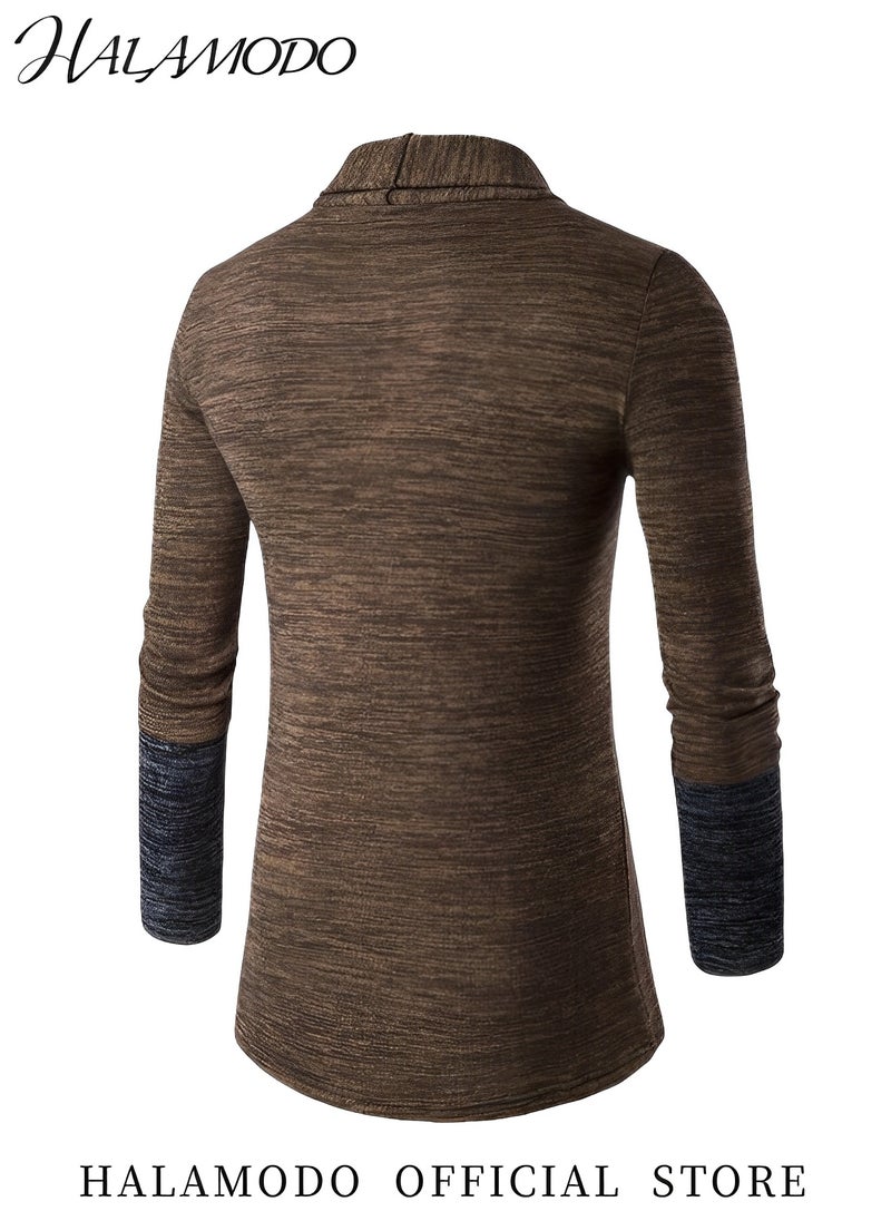 HALAMODO - Men's Shawl Casual Regular Fit Cardigan Shawl Collar Long Line with No Button Long Cardigan Knit Ruffle Fashion Sweater Drape Cape Collar Open Front Long Cardigan Ribbed Knit - Image 1