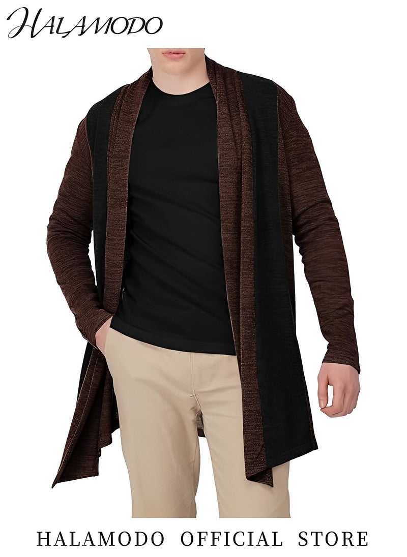 HALAMODO - Men's Shawl Casual Regular Fit Cardigan Shawl Collar Long Line with No Button Long Cardigan Knit Ruffle Fashion Sweater Drape Cape Collar Open Front Long Cardigan Ribbed Knit - Image 1