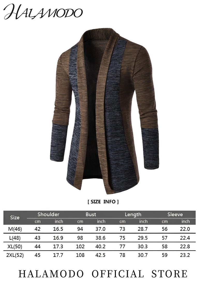 HALAMODO - Men's Shawl Casual Regular Fit Cardigan Shawl Collar Long Line with No Button Long Cardigan Knit Ruffle Fashion Sweater Drape Cape Collar Open Front Long Cardigan Ribbed Knit - Image 1