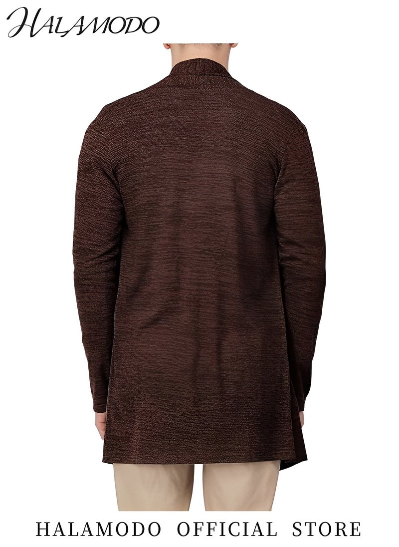 HALAMODO - Men's Shawl Casual Regular Fit Cardigan Shawl Collar Long Line with No Button Long Cardigan Knit Ruffle Fashion Sweater Drape Cape Collar Open Front Long Cardigan Ribbed Knit - Image 1