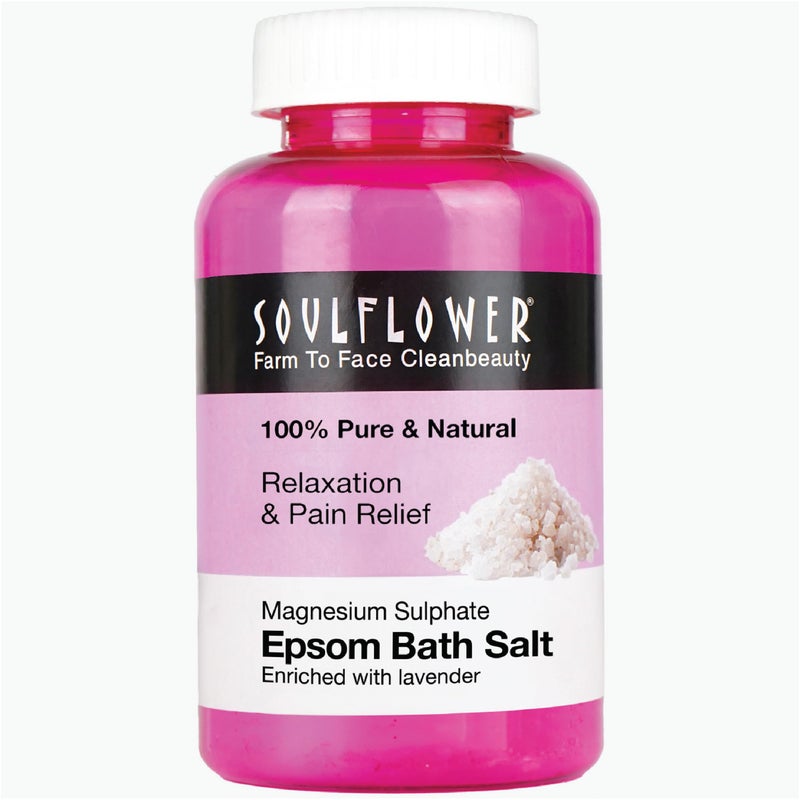 Soulflower Epsom Salt Crystal for Bath, Body Detox, Aura, Swelling & Soreness, Relaxing, Muscle Pain Relief | 100% Pure USP Grade Epsom Salt with Pure Organic Lavender Essential Oil 350g (Pack of 1) - Image 1