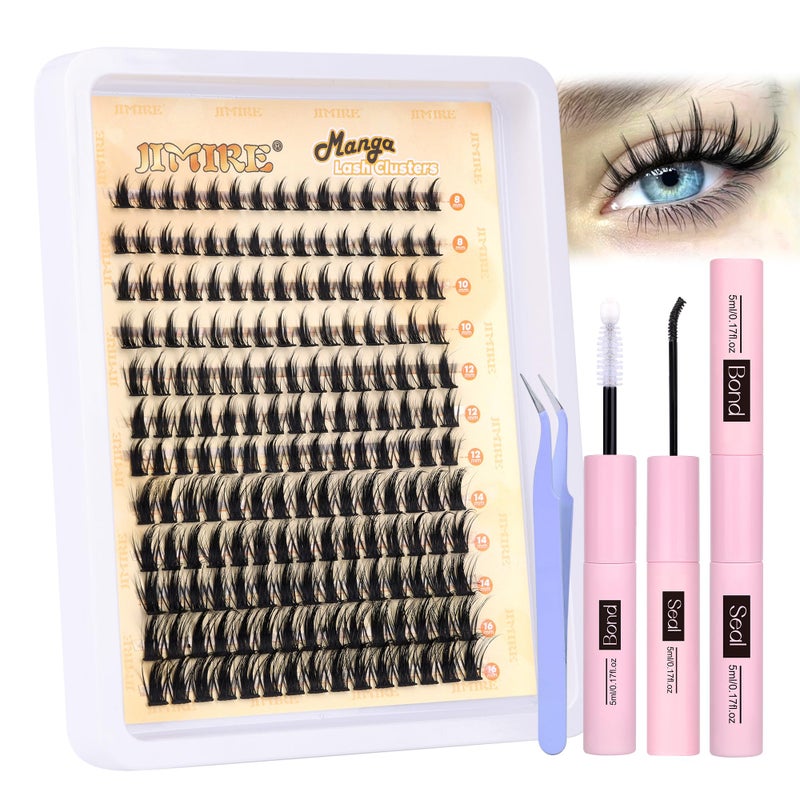 JIMIRE Natural Lash Clusters Kit Lash Extension Kit with Lash Bond and Seal 180Pcs Anime Eyelash Clusters D Curl Wispy Manga Lash Clusters 816MM Cluster Eyelash Extensions Kit Individual Lashes Pack