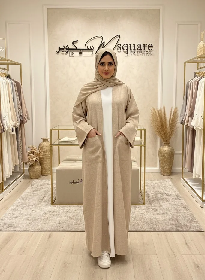 Handmade Beige Everyday Open Abaya With Headscarf