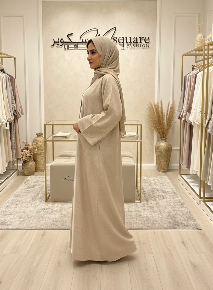 MSquare Fashion Handmade Beige Everyday Open Abaya With Headscarf