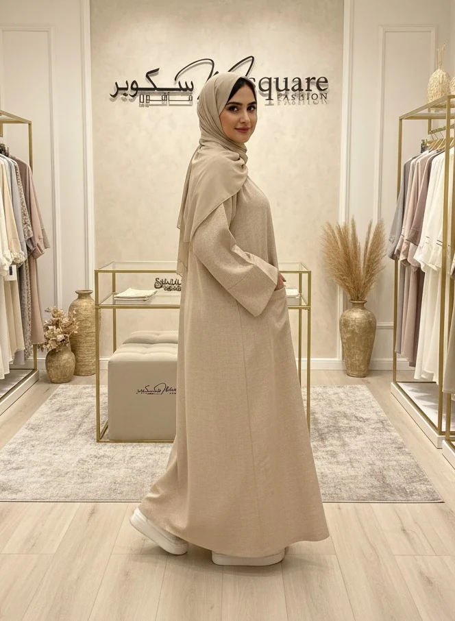 MSquare Fashion  Handmade Beige Everyday Open Abaya With Headscarf for Women | Best Price UAE