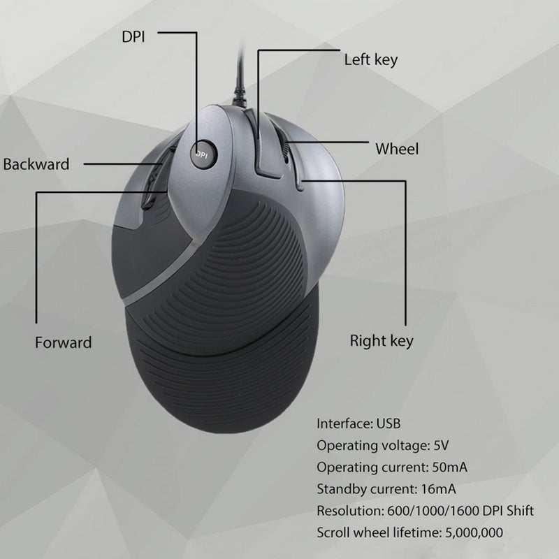 Delux USB Wired Ergonomic Vertical Optical Computer Mice Adjustable 1600 DPI 5D Buttons with Removable Palm Rest - Image 4