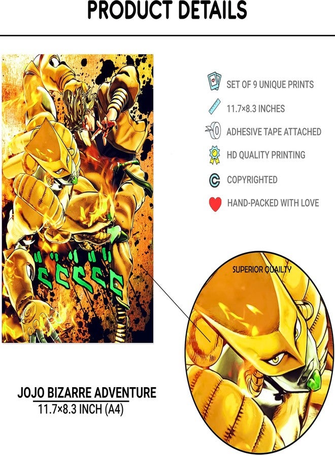 Thepaper9store Paper9store Pack of 9 - Anime Posters self-Adhesive Anime Wall Poster for Room, Size A4 Self-Adhesive 300 GSM Thick matt Poster (JoJo Bizarre Adventure) - Image 4