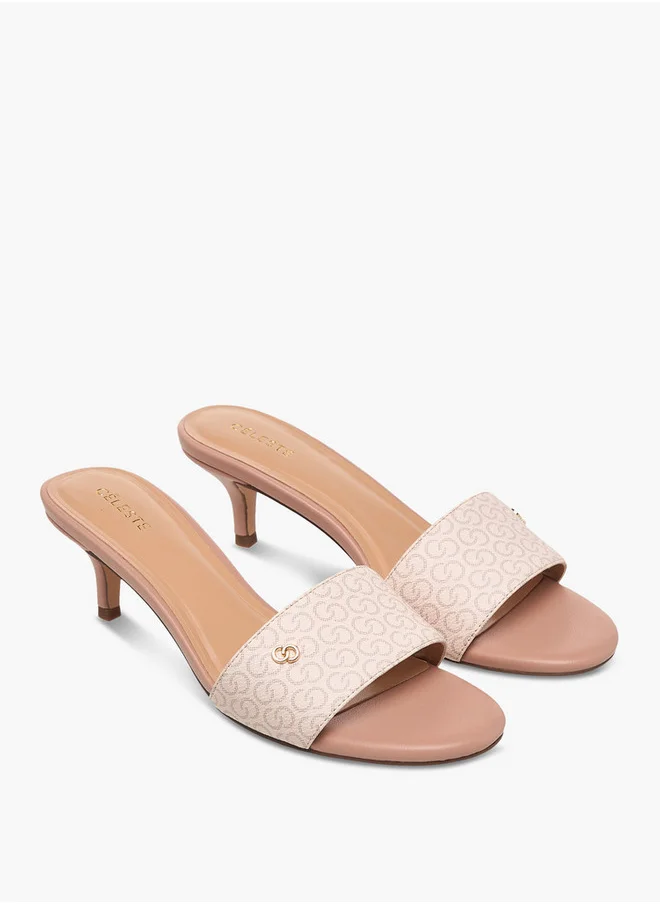 Celeste Women's Monogram Print Open Toe Sandals with Kitten Heels