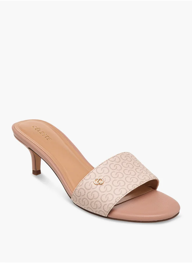 Celeste Women's Monogram Print Open Toe Sandals with Kitten Heels