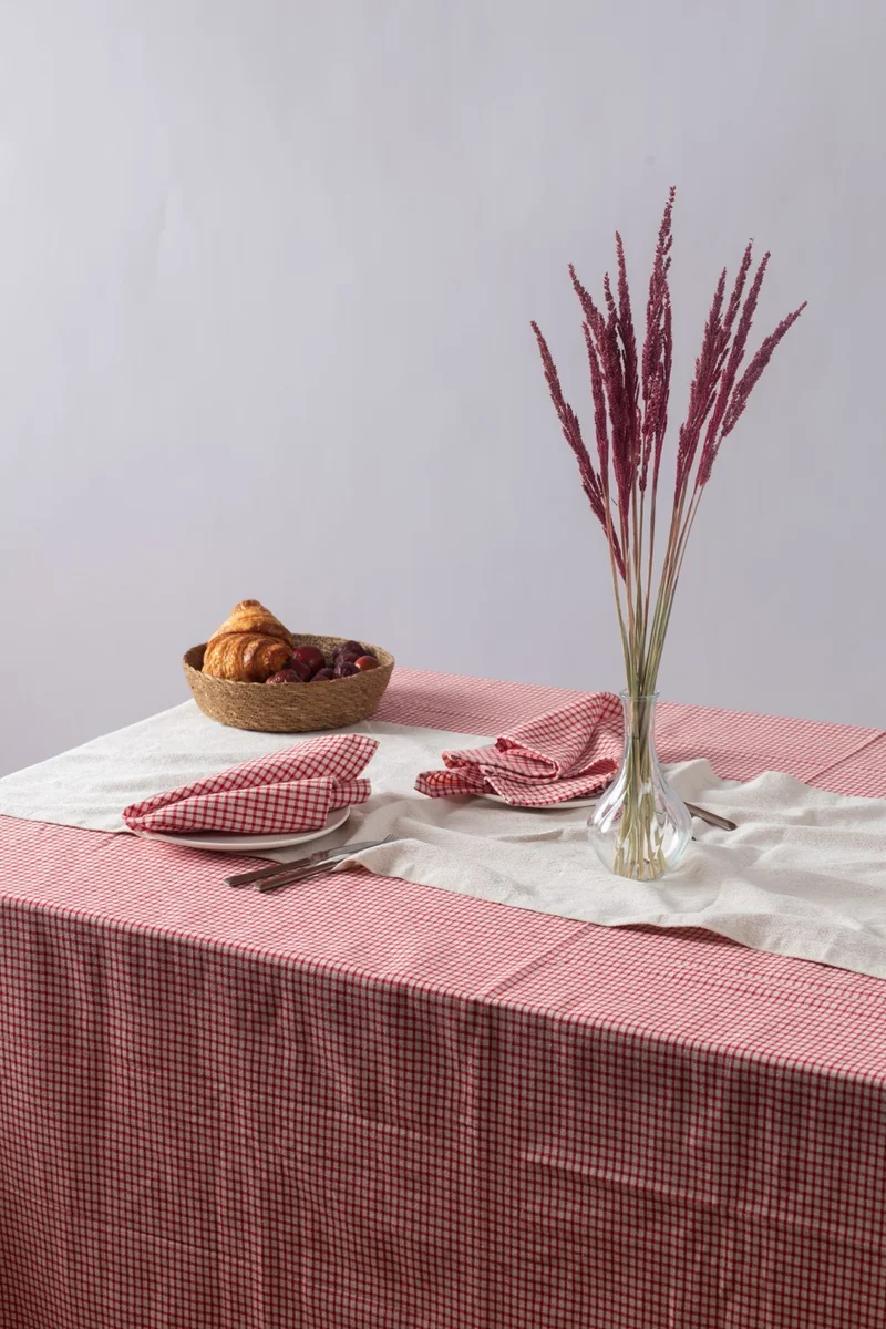 Wellstil Texture | Linen Piti Checkered Red Tablecloth, Gingham Picnic Cloth 130x170