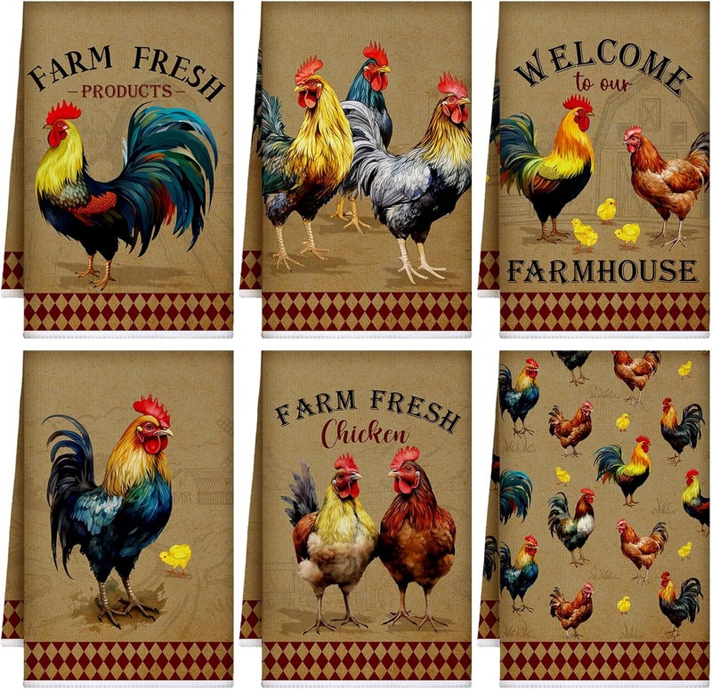 Bencailor 6 Pcs Farm Kitchen Towels Rooster Dish Towels Farmhouse Kitchen Decor Farm Animal Hand Towels Chicken Towels for Kitchen Fall Thanksgiving Halloween Christmas(Brown,Retro Chicken Print) - Image 1