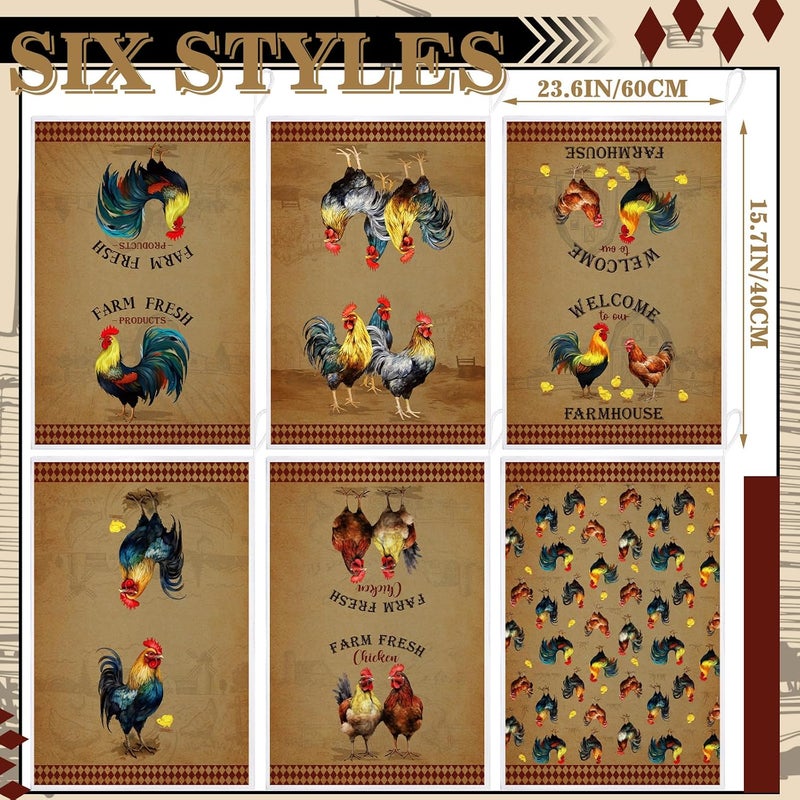 Bencailor 6 Pcs Farm Kitchen Towels Rooster Dish Towels Farmhouse Kitchen Decor Farm Animal Hand Towels Chicken Towels for Kitchen Fall Thanksgiving Halloween Christmas(Brown,Retro Chicken Print) - Image 3