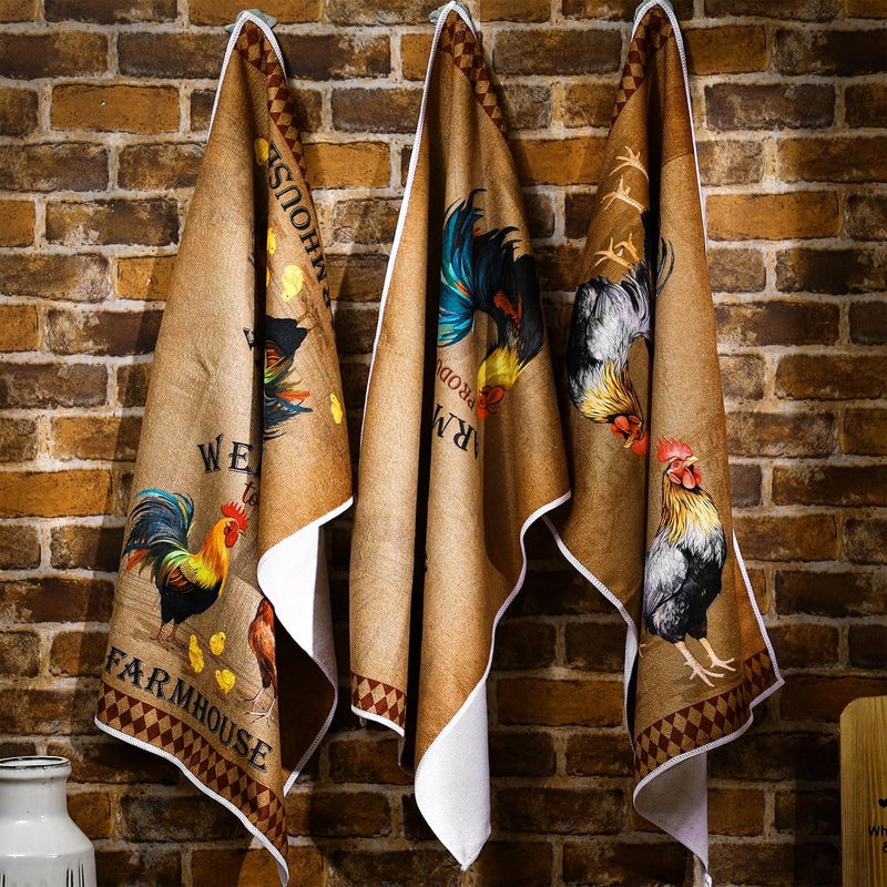 Bencailor 6 Pcs Farm Kitchen Towels Rooster Dish Towels Farmhouse Kitchen Decor Farm Animal Hand Towels Chicken Towels for Kitchen Fall Thanksgiving Halloween Christmas(Brown,Retro Chicken Print) - Image 2