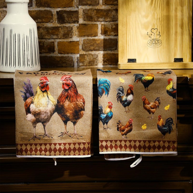 Bencailor 6 Pcs Farm Kitchen Towels Rooster Dish Towels Farmhouse Kitchen Decor Farm Animal Hand Towels Chicken Towels for Kitchen Fall Thanksgiving Halloween Christmas(Brown,Retro Chicken Print) - Image 4