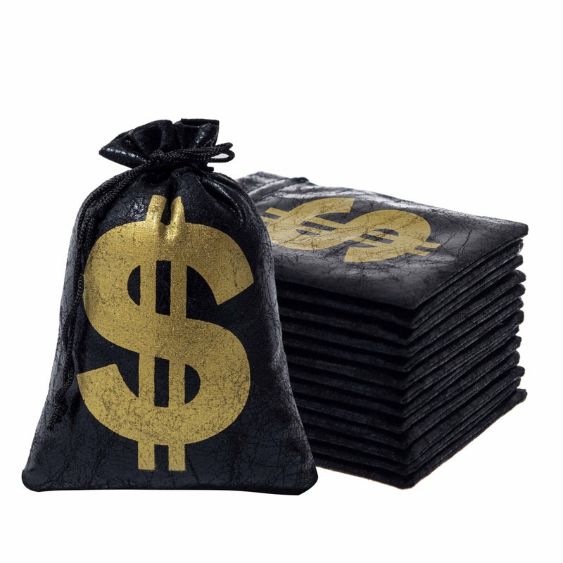 RICHNESS Money Bag with Dollar Sign 45X6 Inch Faux Leather Costume Money Bag Pouch with Drawstring Closure Treasure Sack for Bank Robber Old West Pirate Cowboy Casino Theme party Pack of 12 - Image 2