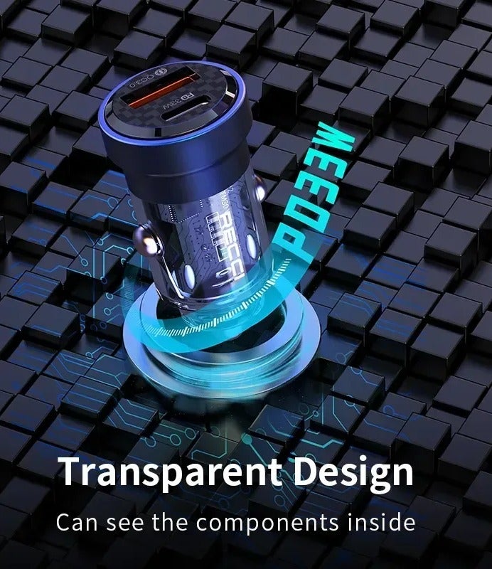ريتشي شاحن سيارة ذكي سريع بقوة 45 واط بمنفذين تايب سي و USB بتصميم عصري شفاف يظهر الأجزاء الداخلية الإلكترونية - Image 5