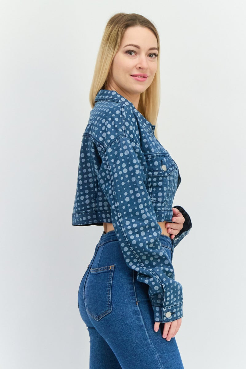 The Kript Women Polka Dot Denim Jacket, Navy - Image 3