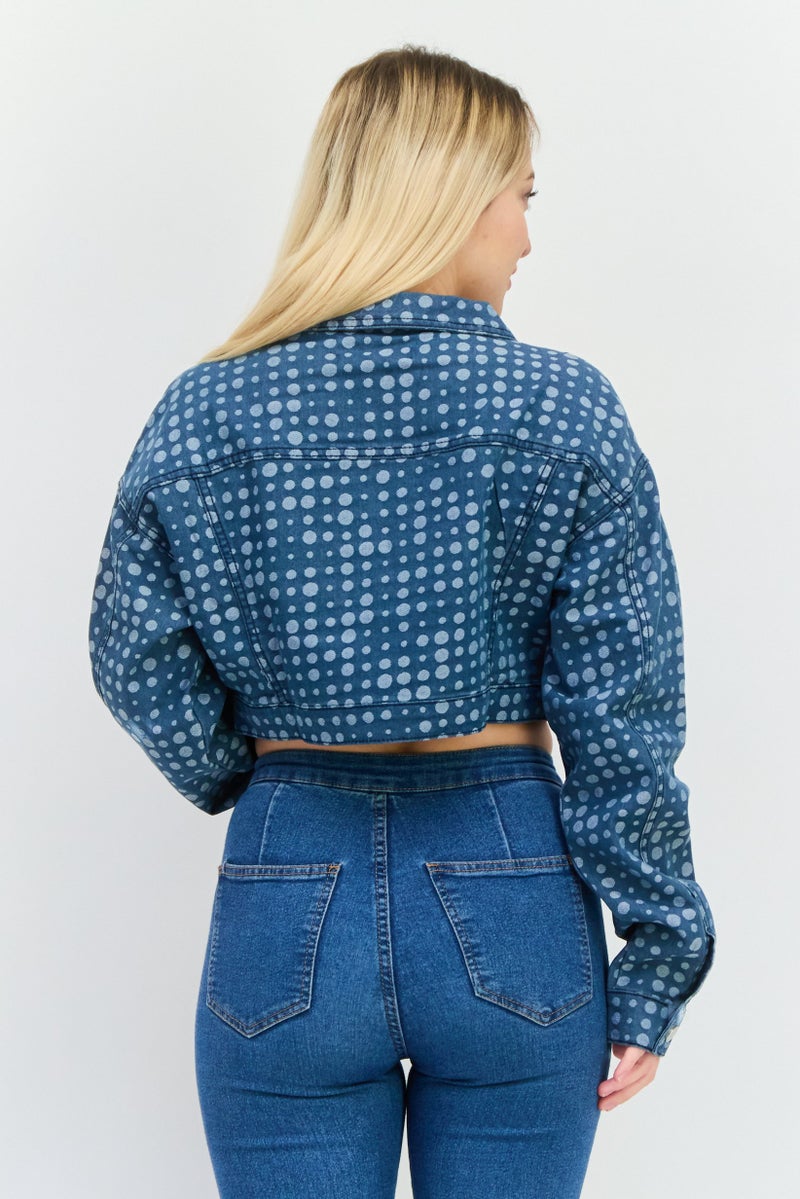 The Kript Women Polka Dot Denim Jacket, Navy - Image 4